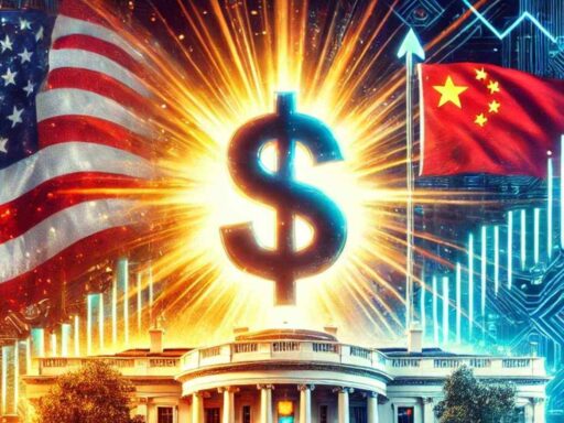 Il simbolo del dollaro sovrapposto a una luce intensa con raggi che divergono illuminando le bandiere di Stati Uniti e Cina a sinistra e a destra