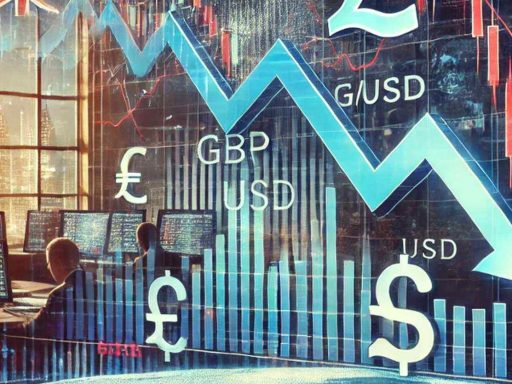 Dei grafici finanziari con una freccia diretta verso il basso e qua e là i simboli di Sterlina e Dollaro