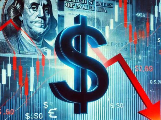 Il simbolo del dollaro al centro con dei grafici a candele e una freccia rossa verso il basso sullo sfondo