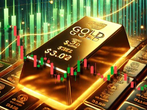 Un lingotto d'oro su altri lingotti con un grafico a candele in sovrimpressione e dei grafici luminosi sullo sfondo