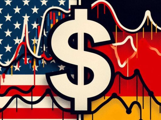 Il simbolo del dollaro in grande al centro con le bandiere di USA e Germania che occupano tutto lo sfondo