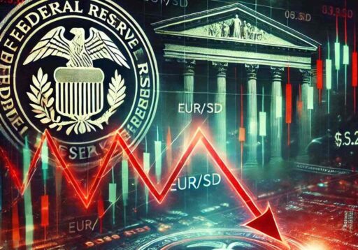 lo stemma della Fed in alto a sinistra con un edificio storico sullo sfondo e dei grafici a candele con una freccia rossa in sovrimpressione