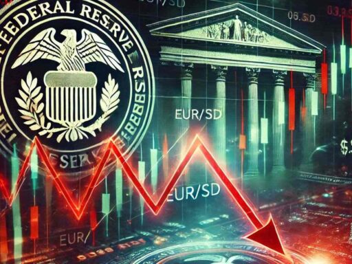 lo stemma della Fed in alto a sinistra con un edificio storico sullo sfondo e dei grafici a candele con una freccia rossa in sovrimpressione