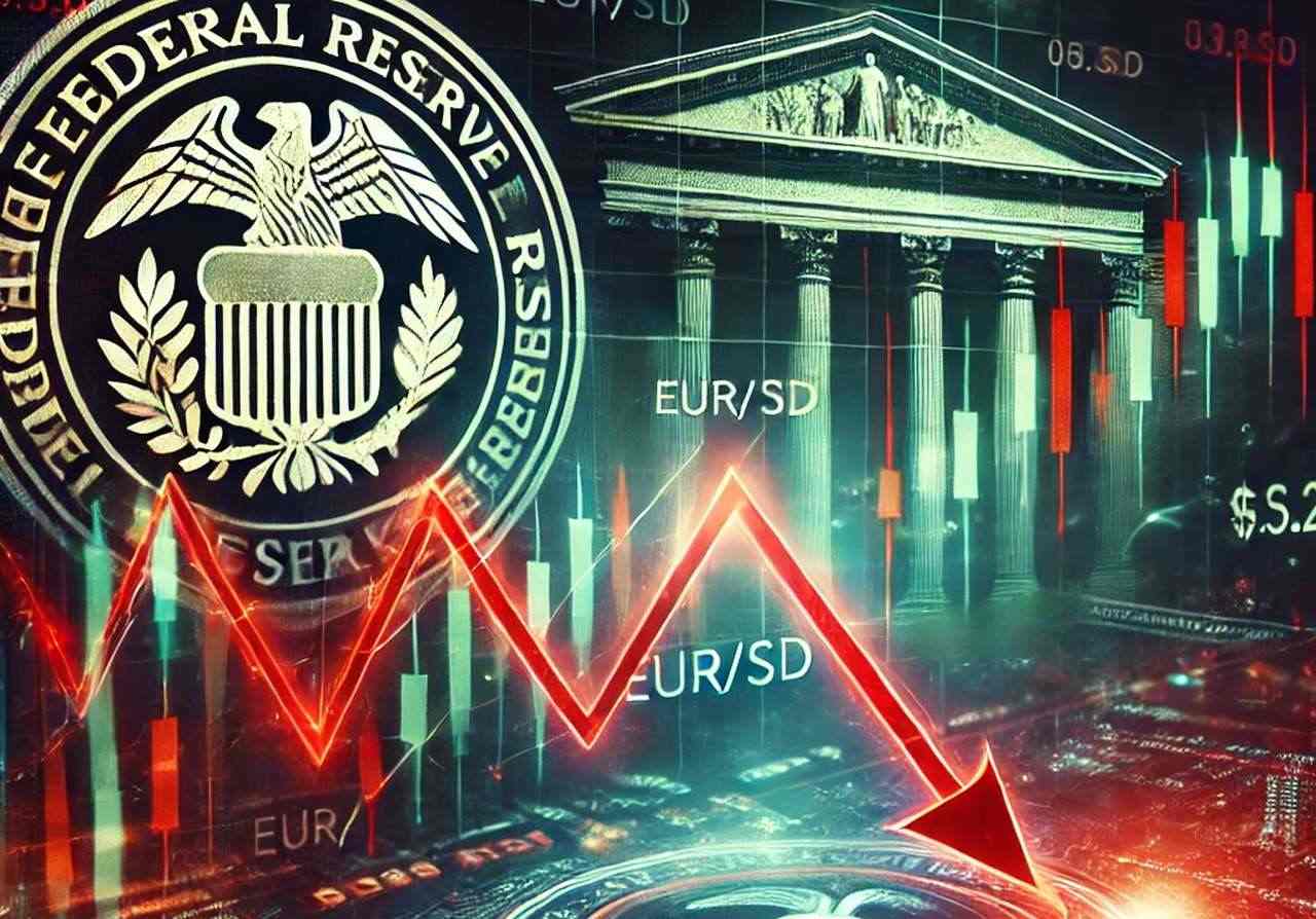 lo stemma della Fed in alto a sinistra con un edificio storico sullo sfondo e dei grafici a candele con una freccia rossa in sovrimpressione