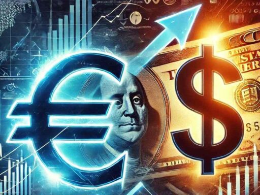 Il simbolo dell'euro a sinistra con sfondo in toni di blu e il simbolo del dollaro a destra con sfondo in toni dorati