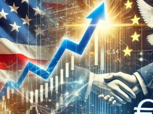 Una freccia verso l'alto con le bandiere dei USA e UE sullo sfondo insieme a due mani che si stringono
