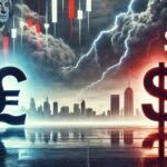 Il simbolo della sterlina a sinistra e quello del dollaro destra con dei grafici a candele sullo sfondo e un cielo nuvoloso che preannuncia tempesta