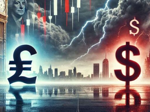 Il simbolo della sterlina a sinistra e quello del dollaro destra con dei grafici a candele sullo sfondo e un cielo nuvoloso che preannuncia tempesta