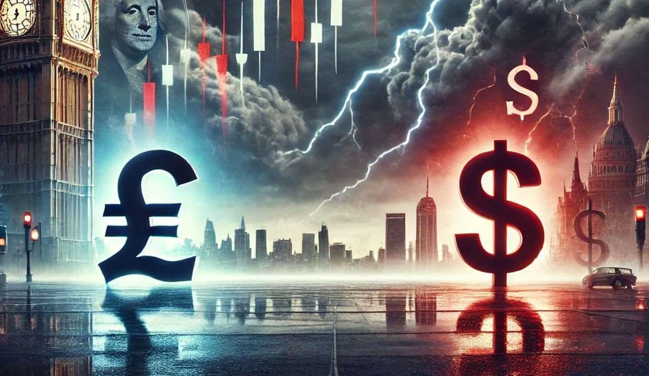 Il simbolo della sterlina a sinistra e quello del dollaro destra con dei grafici a candele sullo sfondo e un cielo nuvoloso che preannuncia tempesta