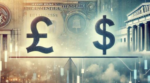 Il simbolo della sterlina a sinistra e il simbolo del dollaro a destra con una banconota sfocata sullo sfondo