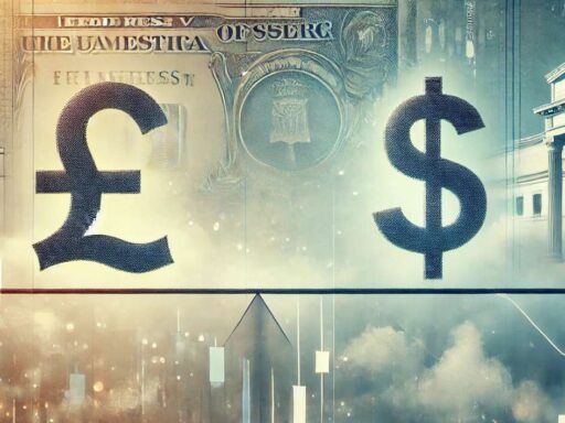 Il simbolo della sterlina a sinistra e il simbolo del dollaro a destra con una banconota sfocata sullo sfondo