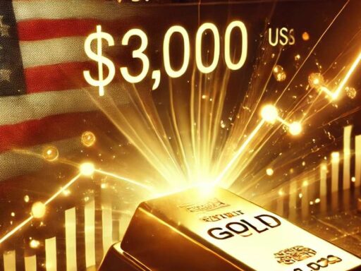 Dei lingotti d'oro con dei grafici sullo sfondo insieme alla bandiera degli USA. La scritta $3.000 campeggia al centro