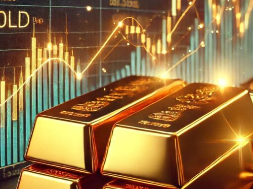 Alcuni lingotti d'oro con dei grafici finanziari sullo sfondo e la scritta GOLD in alto a sinistra