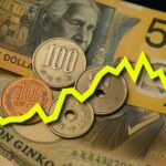 Banconote e monete con una linea gialla a zig-zag in sovrimpressione
