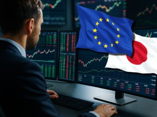 Un trader di spalle che osserva dei grafici finanziari su alcuni schermi. In sovrimpressione in alto a destra le bandiere di UE e Giappone