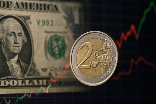 Una banconota in dollari e una moneta da 2 euro con un grafico a candele sullo sfondo