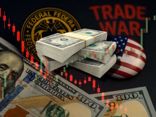 alcune banconote in dollari al centro e sullo sfondo, con dei grafici a candele e la bandiera degli USA