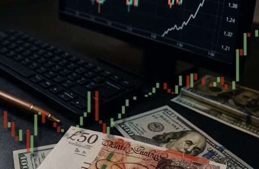 delle banconote di dollari e sterline su un piano vicino a un laptop. In sovrimpressione un grafico a candele