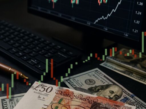 delle banconote di dollari e sterline su un piano vicino a un laptop. In sovrimpressione un grafico a candele