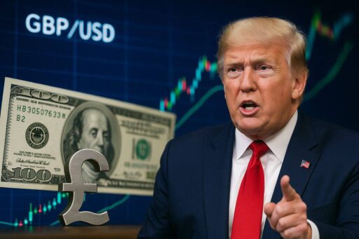 Primo piano di Trump a destra e una banconota in dollari a sinistra. Sullo sfondo un grafico a candele