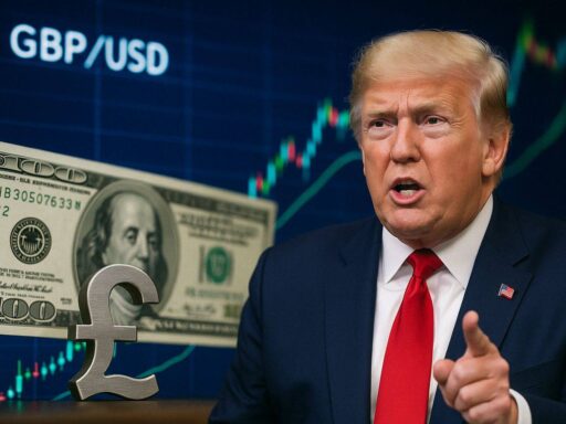 Primo piano di Trump a destra e una banconota in dollari a sinistra. Sullo sfondo un grafico a candele