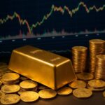 Un lingotto d'oro con delle monete sparse intorno e altre monete disposte in pile. Sullo sfondo dei grafici a candele