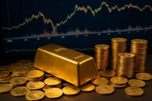 Un lingotto d'oro con delle monete sparse intorno e altre monete disposte in pile. Sullo sfondo dei grafici a candele