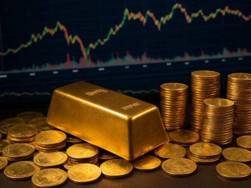 Un lingotto d'oro con delle monete sparse intorno e altre monete disposte in pile. Sullo sfondo dei grafici a candele