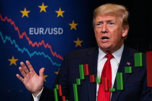 primo piano di Trump sulla destra e la bandiera dell'UE sullo sfondo con la scritta EUR/USD e alcuni grafici a candele