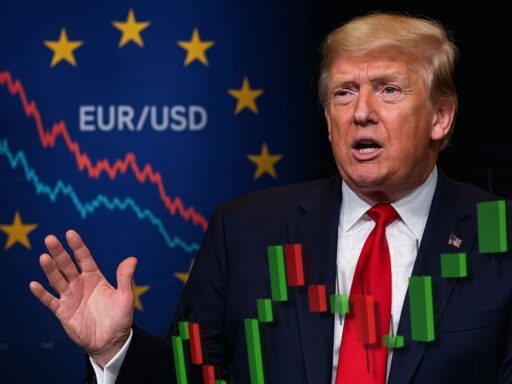 primo piano di Trump sulla destra e la bandiera dell'UE sullo sfondo con la scritta EUR/USD e alcuni grafici a candele