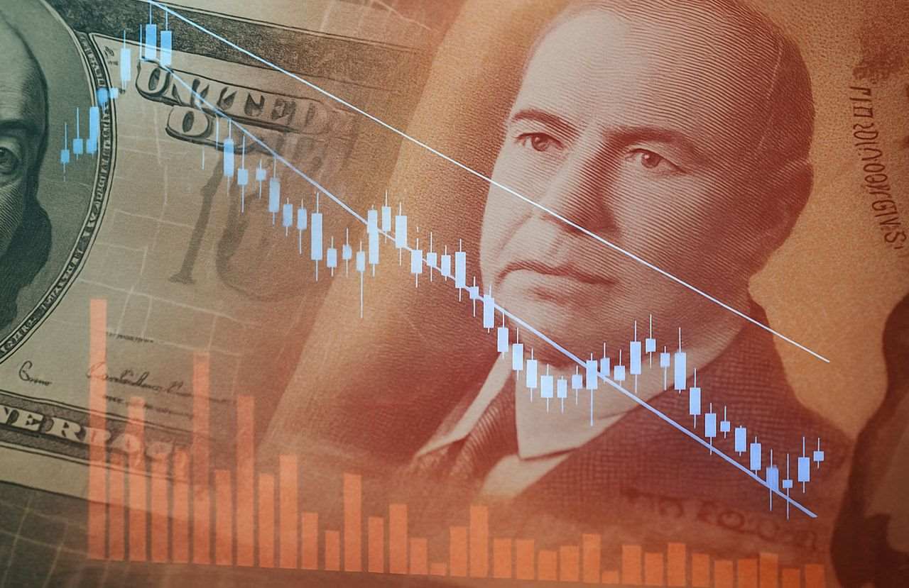 Un grafico a candele con delle banconote sullo sfondo