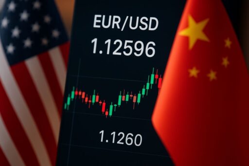 Un grafico a candele con la bandiera degli Stati Uniti a sinistra e quella della Cina a destra