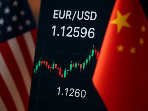 Un grafico a candele con la bandiera degli Stati Uniti a sinistra e quella della Cina a destra
