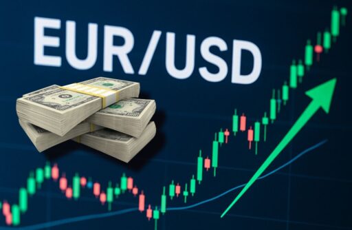 Un grafico a candele con una freccia verde verso l'alto e la scritta EUR/USD in grande. In sovrimpressione alcune banconote in dollari