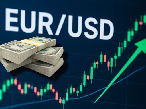 Un grafico a candele con una freccia verde verso l'alto e la scritta EUR/USD in grande. In sovrimpressione alcune banconote in dollari