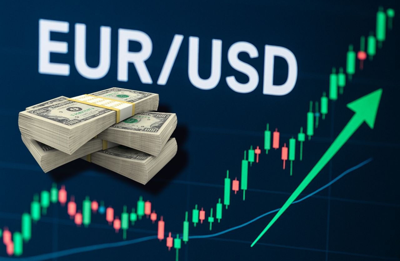 Un grafico a candele con una freccia verde verso l'alto e la scritta EUR/USD in grande. In sovrimpressione alcune banconote in dollari