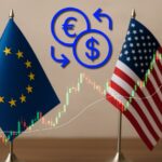 una bandierina dell'Ue e una degli USA sullo stesso piano con un grafico a candele in trasparenza
