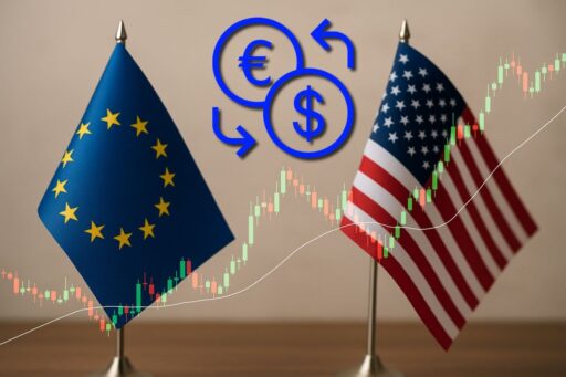 una bandierina dell'Ue e una degli USA sullo stesso piano con un grafico a candele in trasparenza
