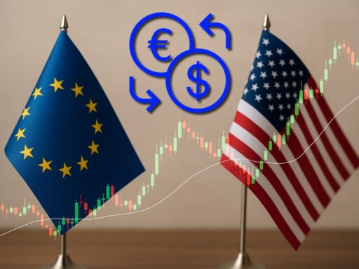 una bandierina dell'Ue e una degli USA sullo stesso piano con un grafico a candele in trasparenza