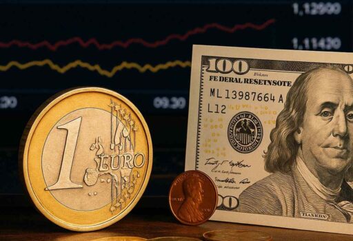 una moneta da un euro con dei grafici finanziari sullo sfondo e una banconota di una valuta diversa accanto