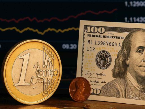 una moneta da un euro con dei grafici finanziari sullo sfondo e una banconota di una valuta diversa accanto