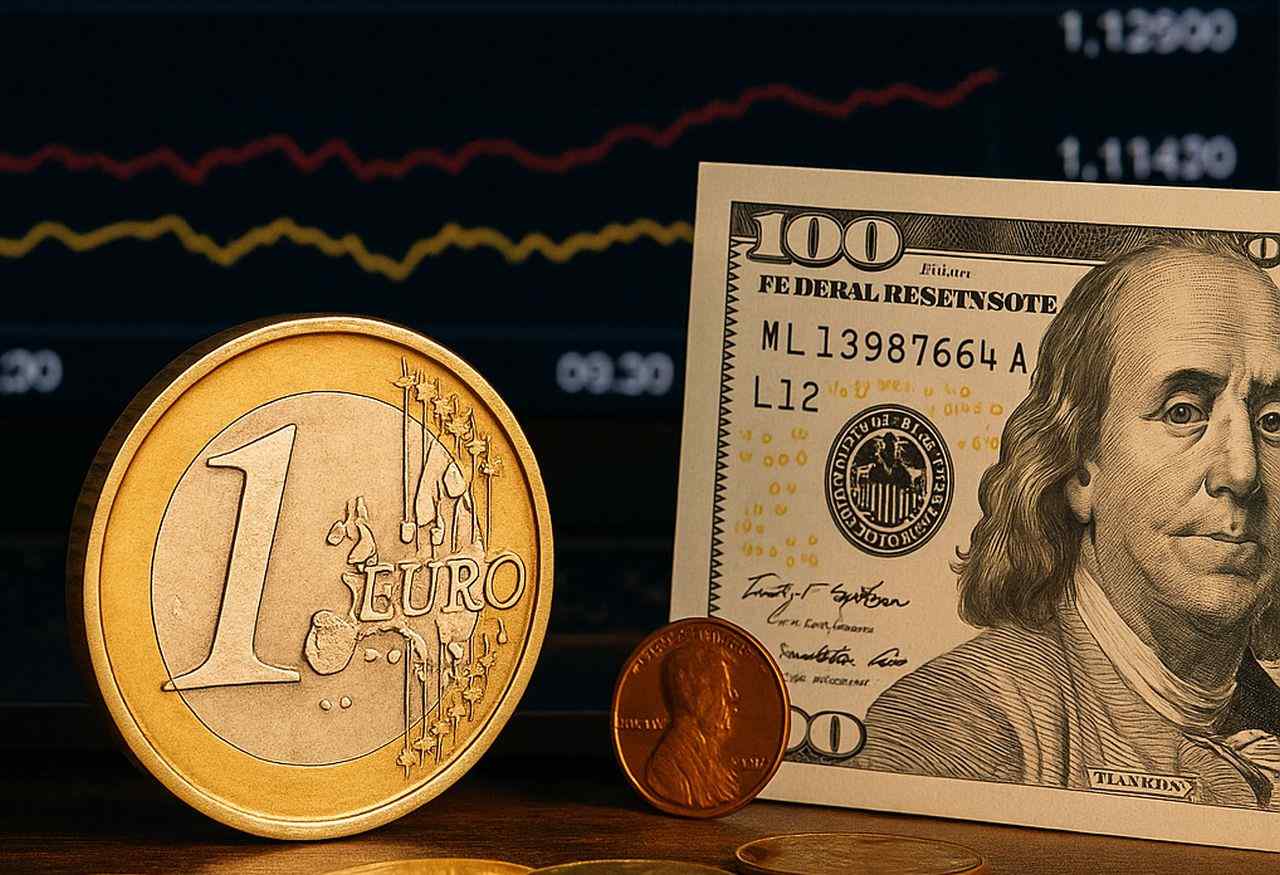 una moneta da un euro con dei grafici finanziari sullo sfondo e una banconota di una valuta diversa accanto
