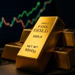 Alcuni lingotti d'oro con dei grafici a candele sullo sfondo