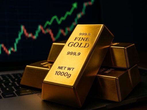 Alcuni lingotti d'oro con dei grafici a candele sullo sfondo