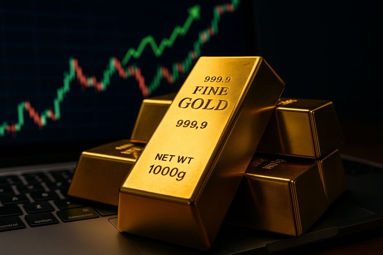 Alcuni lingotti d'oro con dei grafici a candele sullo sfondo
