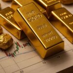 Alcuni lingotti d'oro su un foglio con dei grafici finanziari