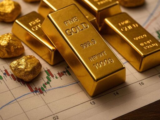 Alcuni lingotti d'oro su un foglio con dei grafici finanziari