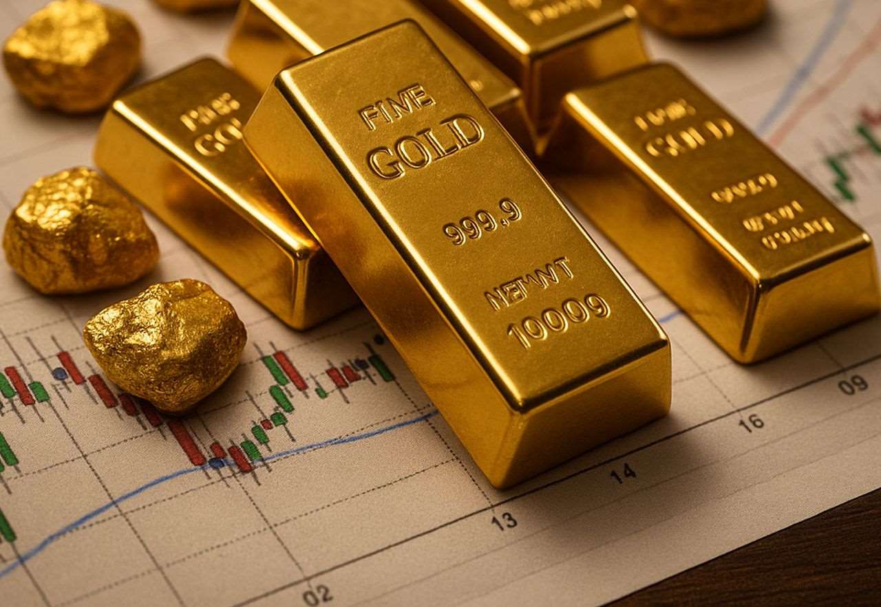 Alcuni lingotti d'oro su un foglio con dei grafici finanziari