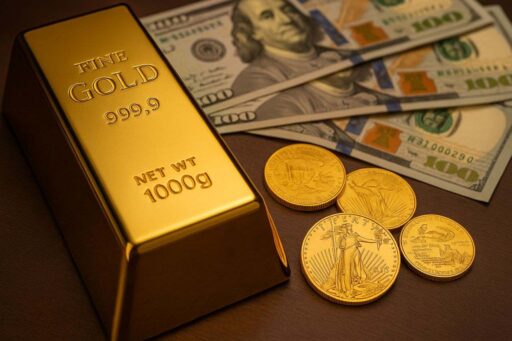 Un lingotto e alcune monete d'oro con delle banconote accanto sullo stesso piano