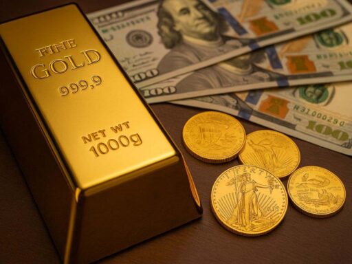 Un lingotto e alcune monete d'oro con delle banconote accanto sullo stesso piano